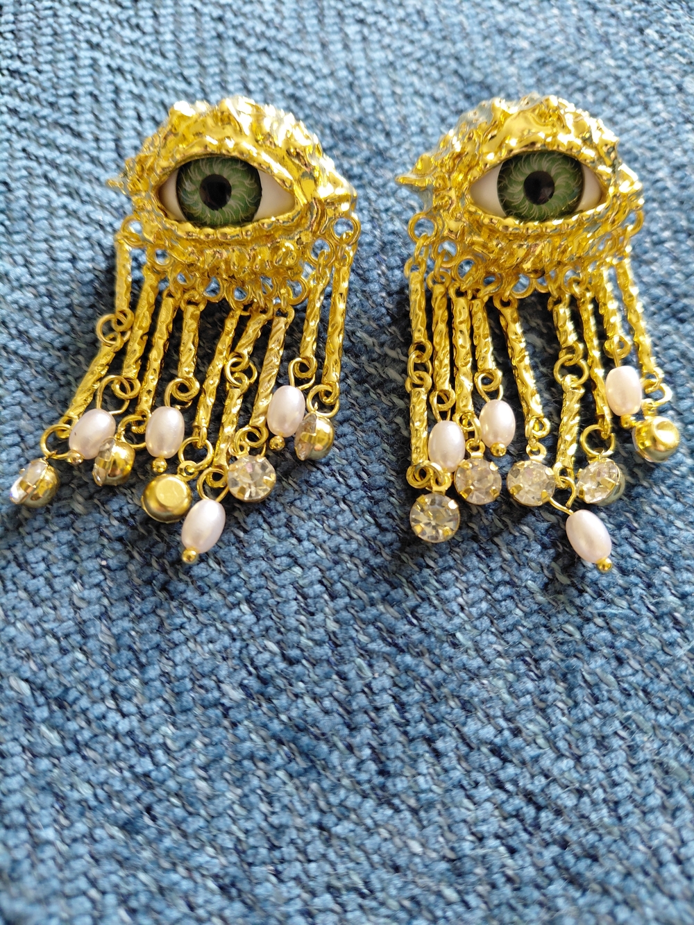 Gold Eye Fringe Earrings with Green Iris and Pearl Accents